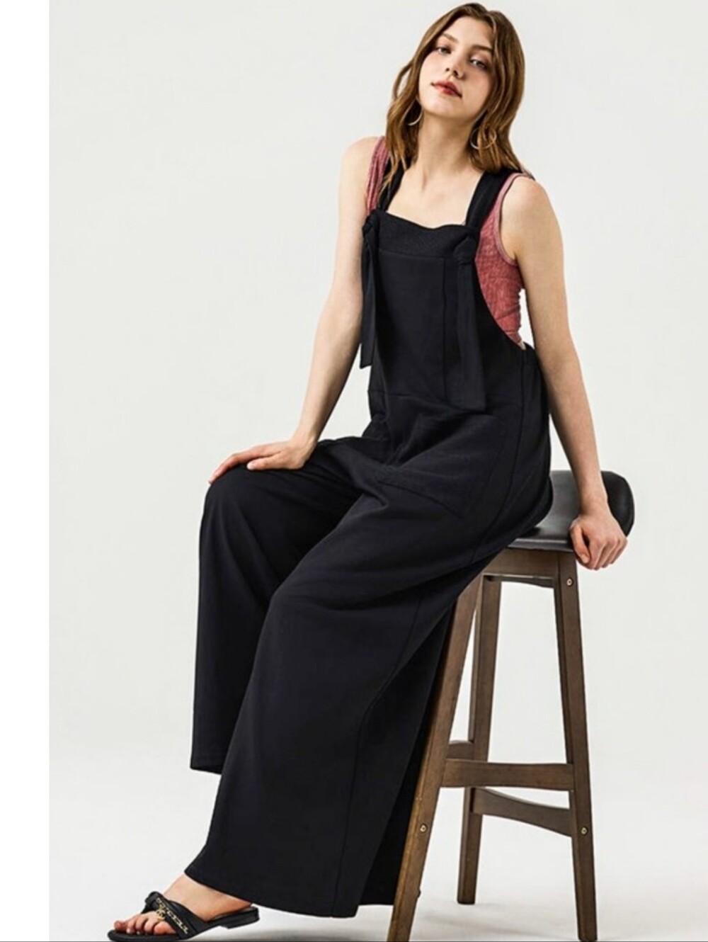 B11 Black Wide-Leg Cotton Overalls with Adjustable Shoulder Ties